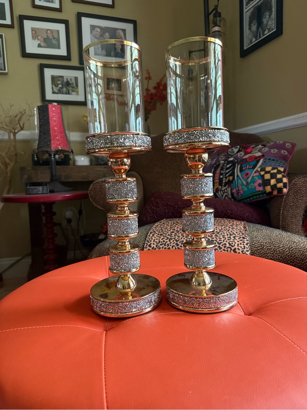 Gold and Silver Glitter Glass Hurricane Candle Holders - Pair